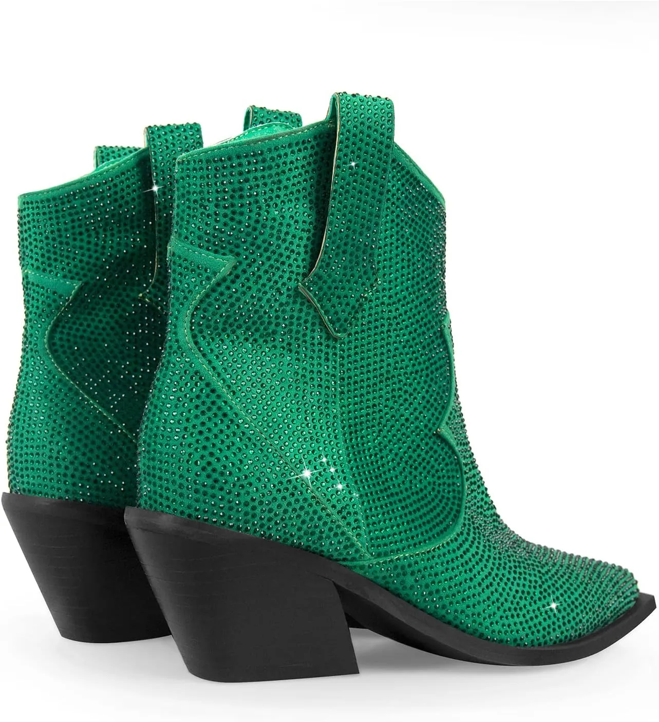 Women's Rhinestone Cowboy Ankle Booties Pointed Toe Studded Pull On Chunky Stacked Heel Cowgirl Western Boots