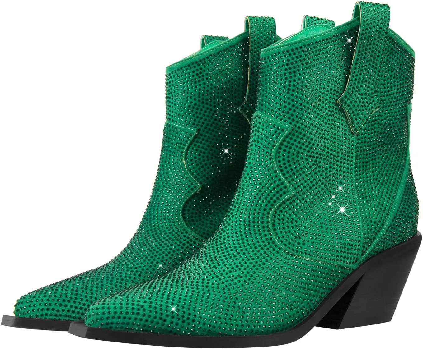 Women's Rhinestone Cowboy Ankle Booties Pointed Toe Studded Pull On Chunky Stacked Heel Cowgirl Western Boots