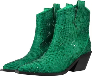 Women's Rhinestone Cowboy Ankle Booties Pointed Toe Studded Pull On Chunky Stacked Heel Cowgirl Western Boots