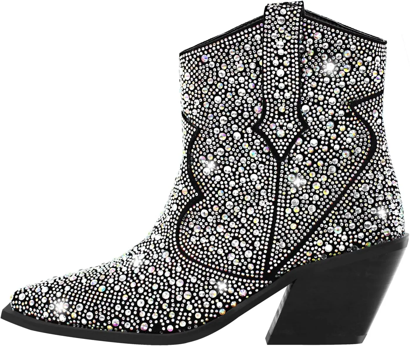 Women's Rhinestone Cowboy Ankle Booties Pointed Toe Studded Pull On Chunky Stacked Heel Cowgirl Western Boots