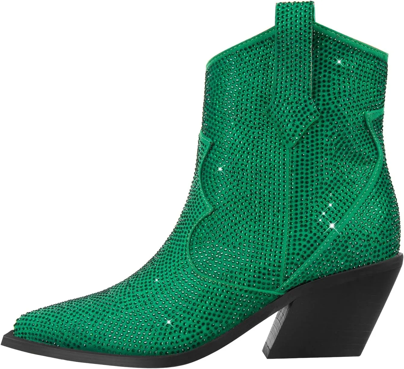 Women's Rhinestone Cowboy Ankle Booties Pointed Toe Studded Pull On Chunky Stacked Heel Cowgirl Western Boots