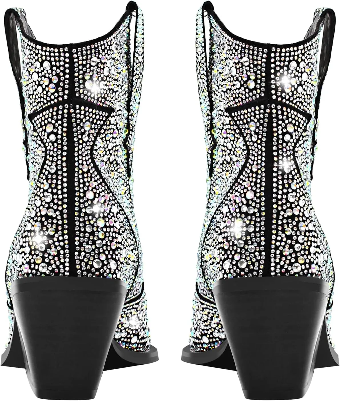 Women's Rhinestone Cowboy Ankle Booties Pointed Toe Studded Pull On Chunky Stacked Heel Cowgirl Western Boots