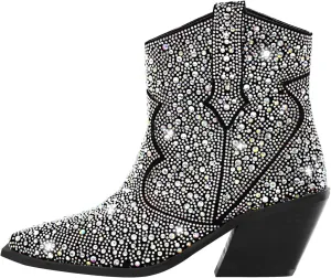 Women's Rhinestone Cowboy Ankle Booties Pointed Toe Studded Pull On Chunky Stacked Heel Cowgirl Western Boots