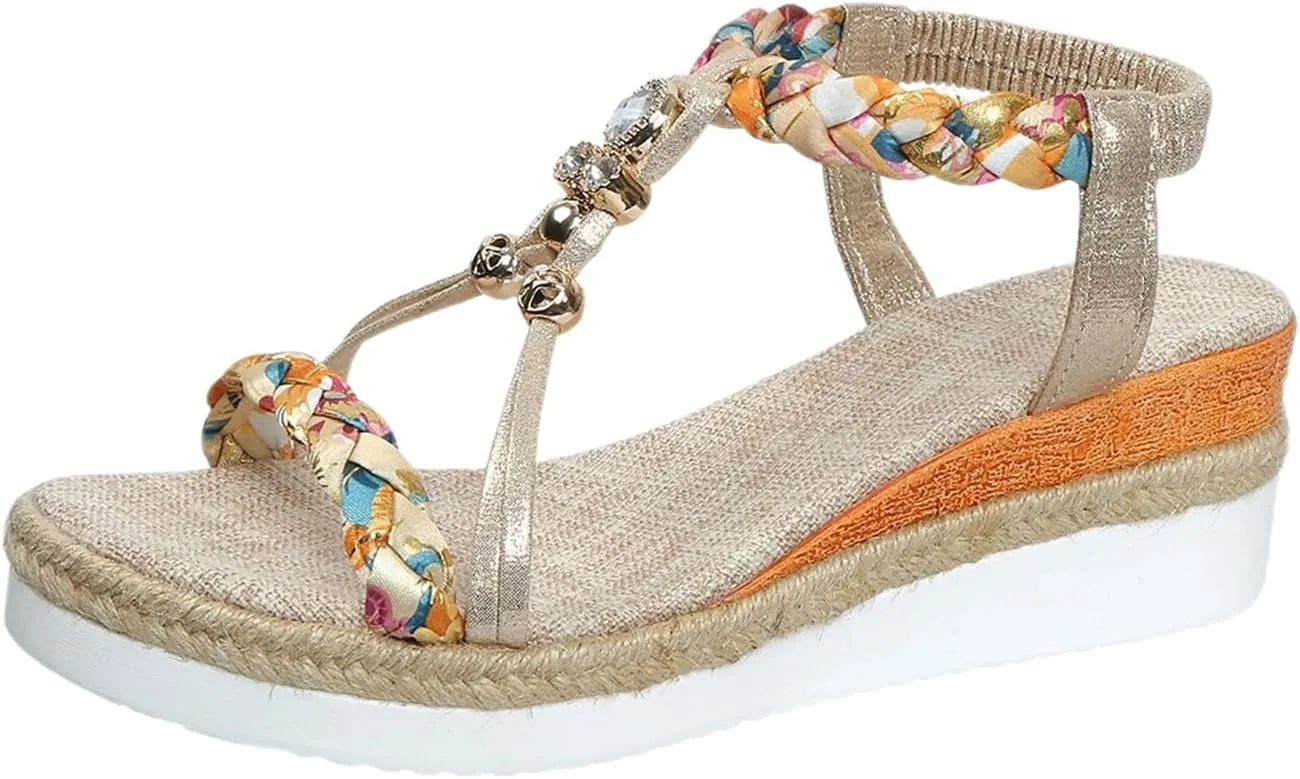 Women's Round Toe Flat Wedge Beaded Open Toe Bohemian Platform Sandals Women Beach Sandals Size 6