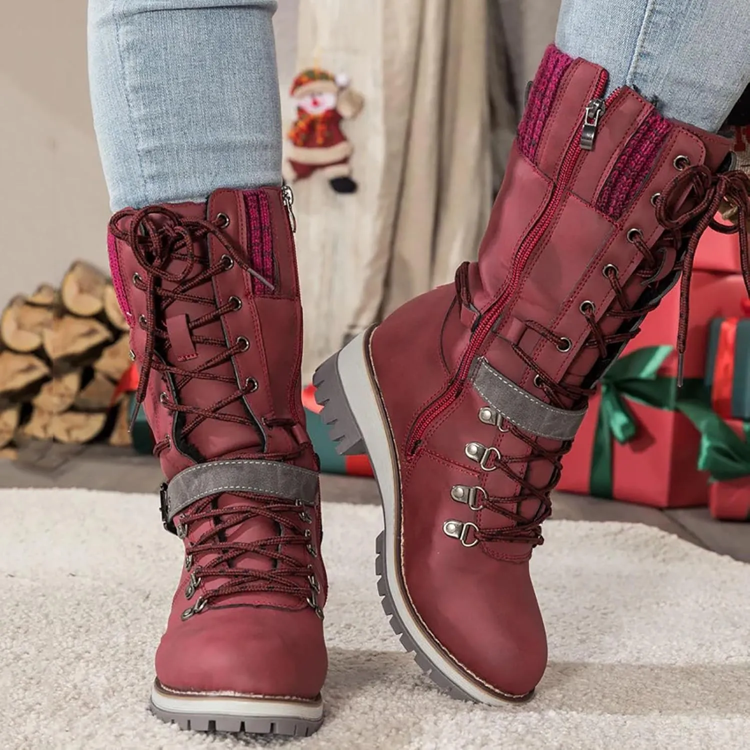 Women's Round Toe Low Heel Non-slip Lace up Mid Calf Motorcycle Side Zipper Combat Cowboy Riding Boots