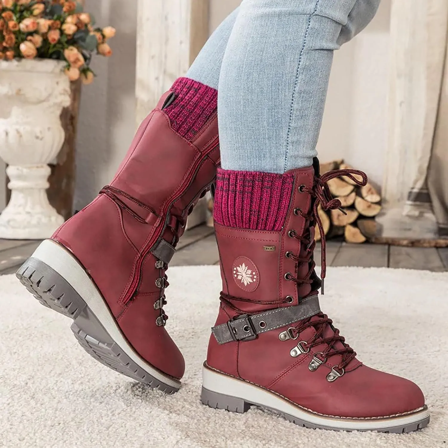 Women's Round Toe Low Heel Non-slip Lace up Mid Calf Motorcycle Side Zipper Combat Cowboy Riding Boots
