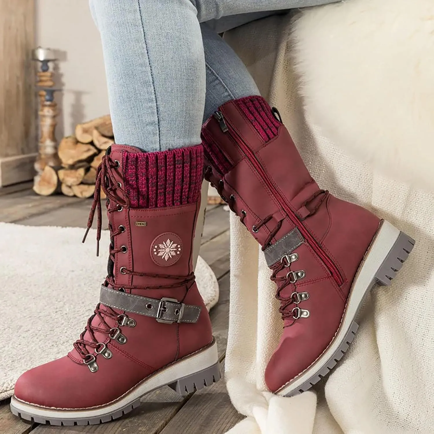 Women's Round Toe Low Heel Non-slip Lace up Mid Calf Motorcycle Side Zipper Combat Cowboy Riding Boots