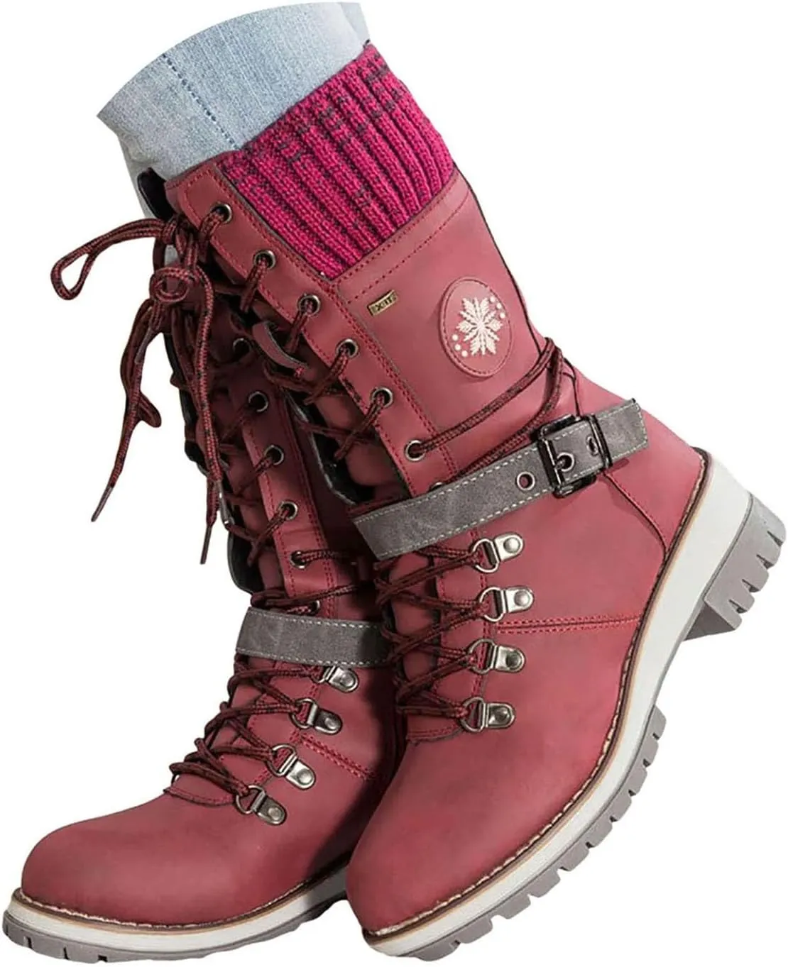 Women's Round Toe Low Heel Non-slip Lace up Mid Calf Motorcycle Side Zipper Combat Cowboy Riding Boots