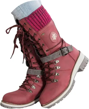 Women's Round Toe Low Heel Non-slip Lace up Mid Calf Motorcycle Side Zipper Combat Cowboy Riding Boots