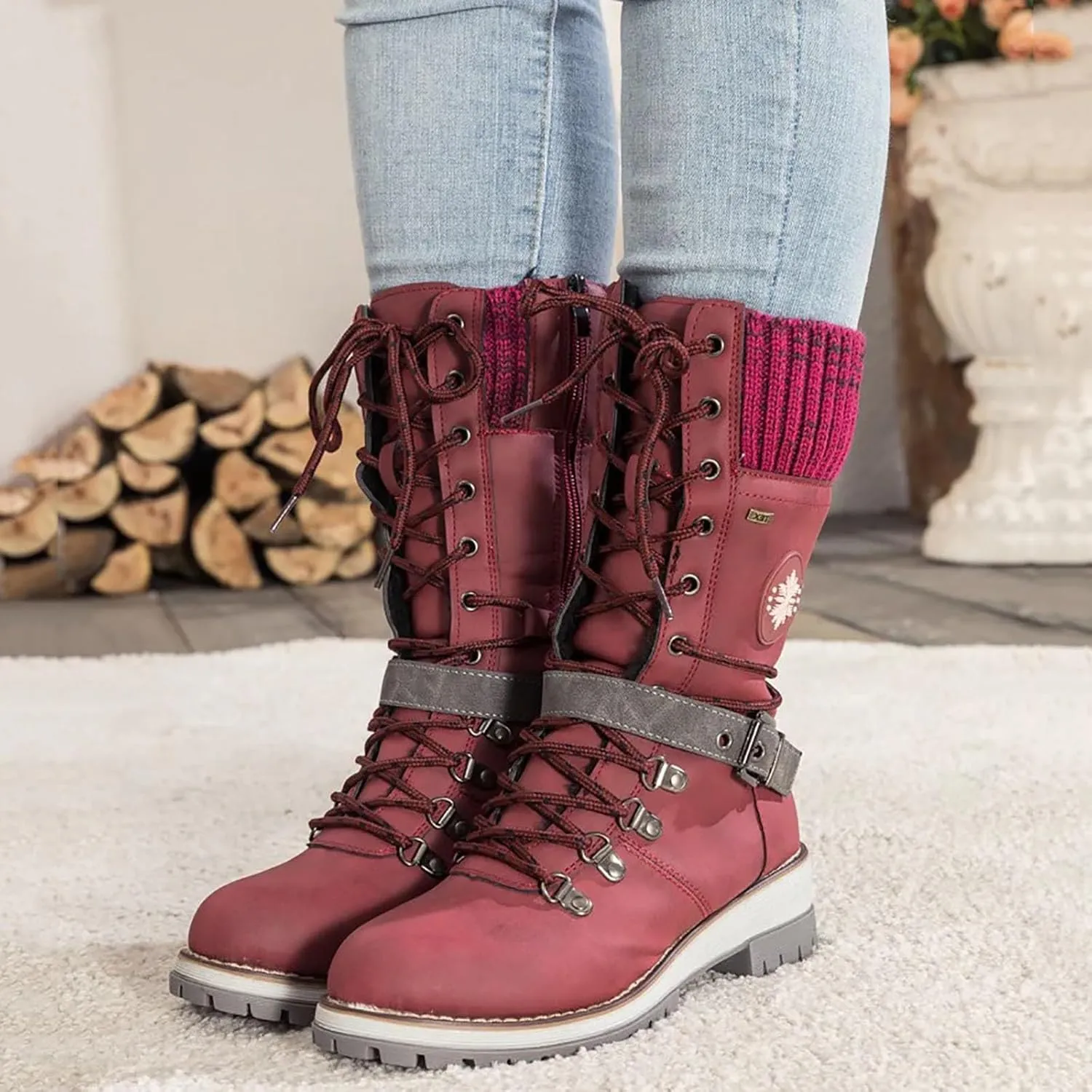 Women's Round Toe Low Heel Non-slip Lace up Mid Calf Motorcycle Side Zipper Combat Cowboy Riding Boots