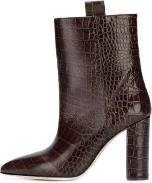 Women's Short Boots Thick High Heels Fashionable Winter Boots Crocodile Patterned Ultra-high Heels with Just One Kick