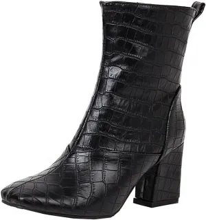 Womens Side Zipper Short Boots - Fashion Square Toe Thick High-heeled Mid Calf Boots Stone Pattern Pointed Toe Comfortable Casual Shoes