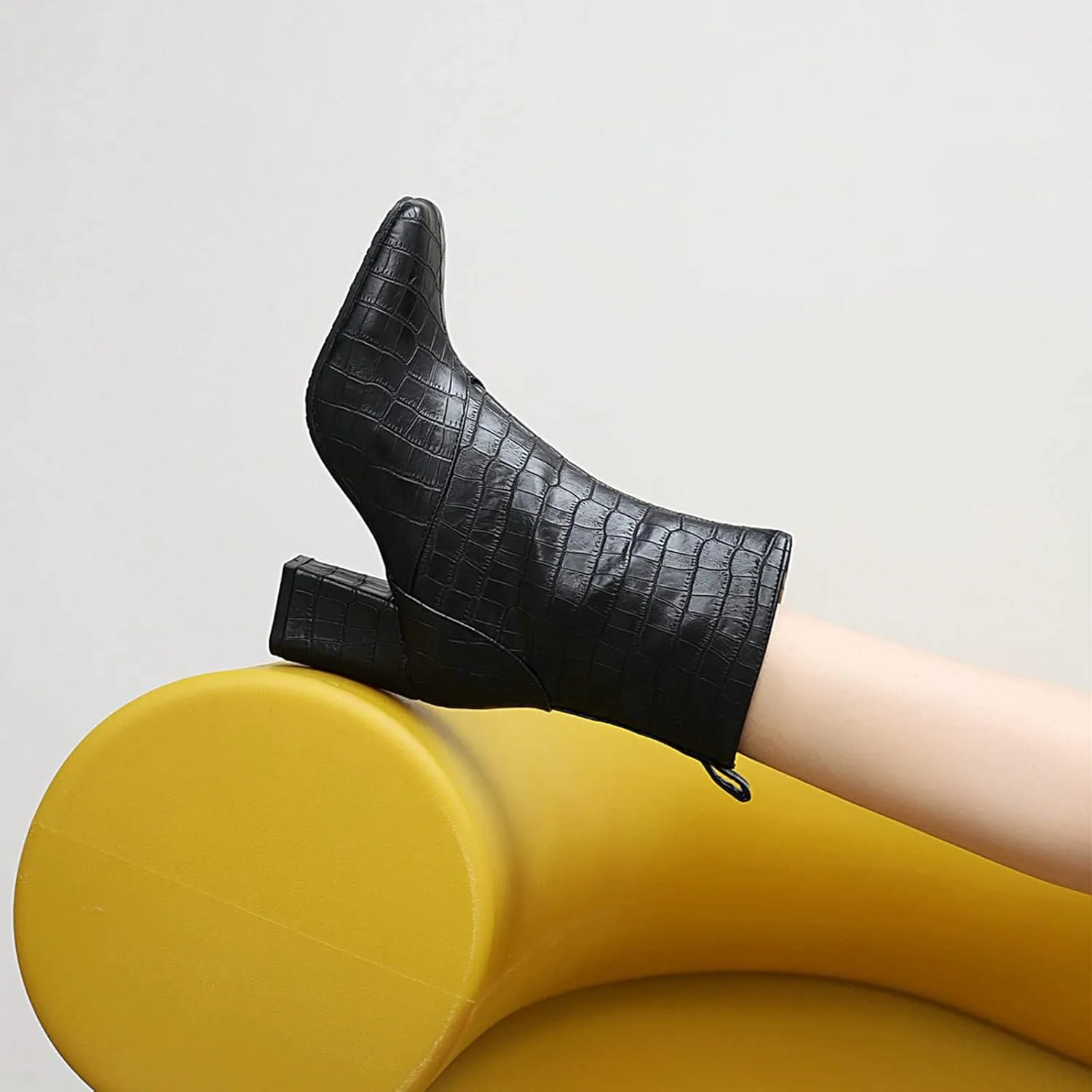 Womens Side Zipper Short Boots - Fashion Square Toe Thick High-heeled Mid Calf Boots Stone Pattern Pointed Toe Comfortable Casual Shoes