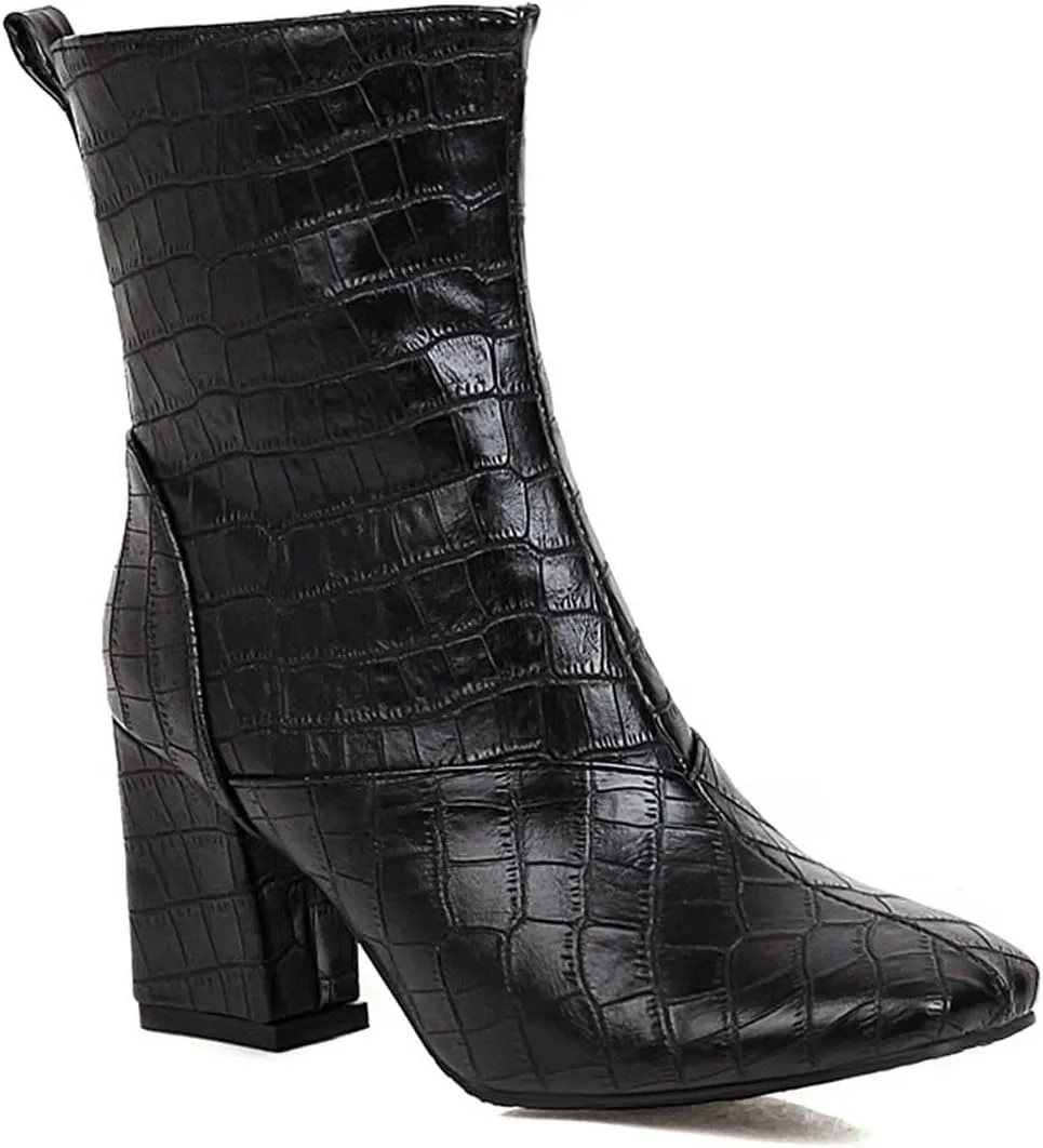 Womens Side Zipper Short Boots - Fashion Square Toe Thick High-heeled Mid Calf Boots Stone Pattern Pointed Toe Comfortable Casual Shoes