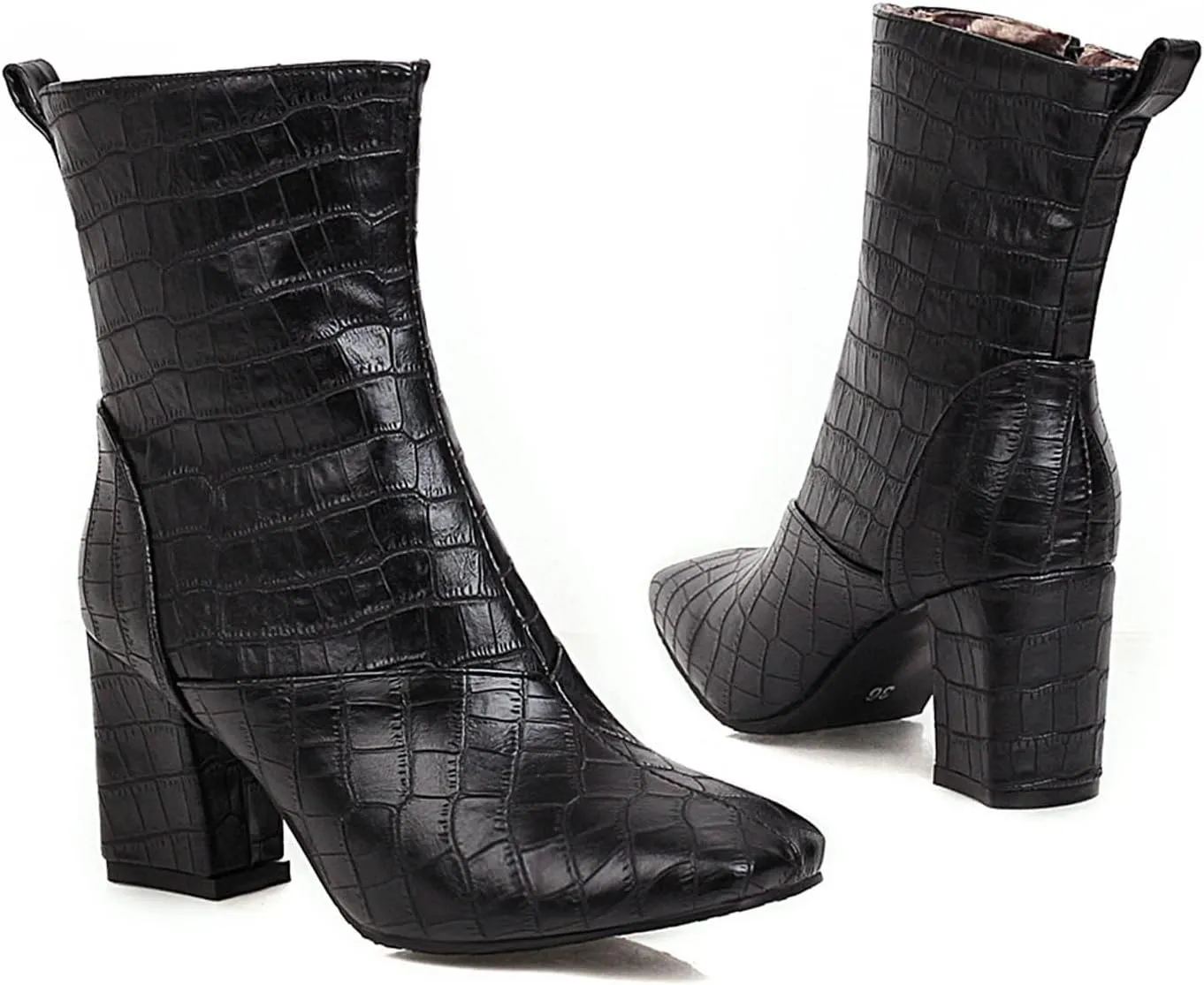 Womens Side Zipper Short Boots - Fashion Square Toe Thick High-heeled Mid Calf Boots Stone Pattern Pointed Toe Comfortable Casual Shoes