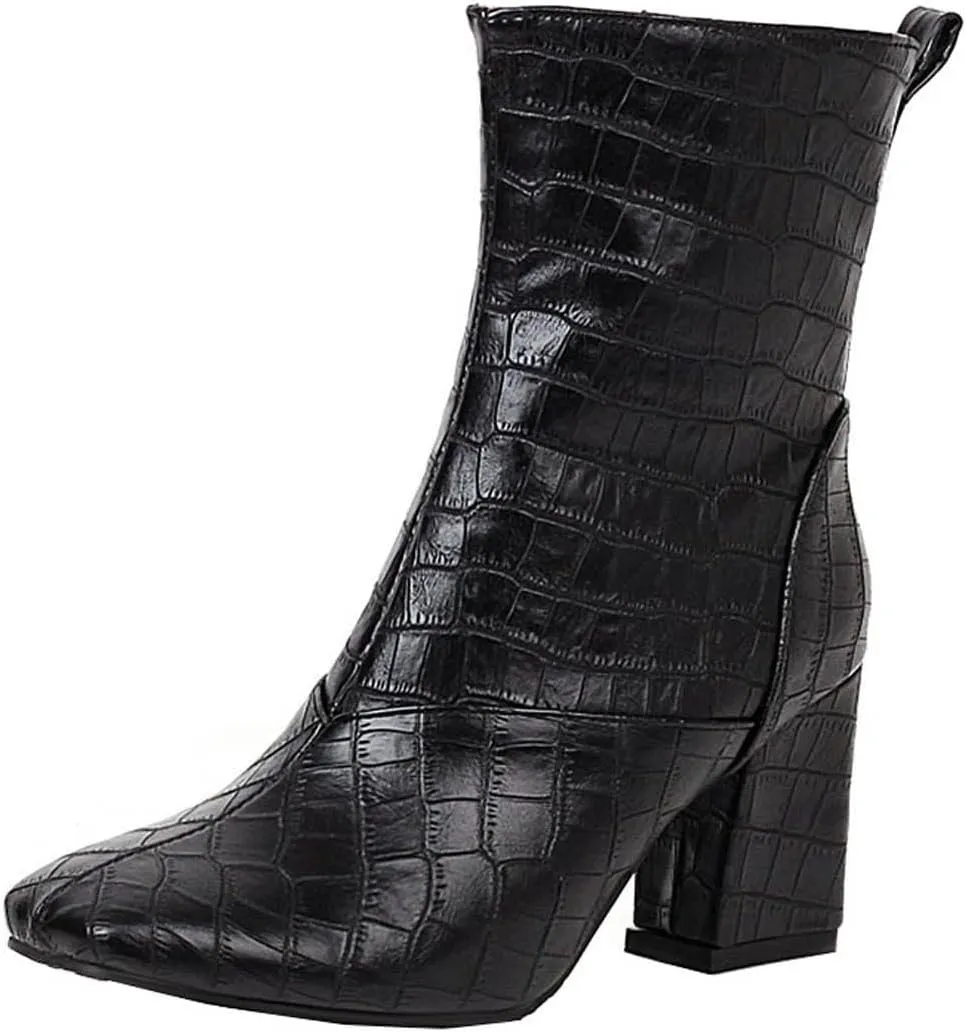 Womens Side Zipper Short Boots - Fashion Square Toe Thick High-heeled Mid Calf Boots Stone Pattern Pointed Toe Comfortable Casual Shoes
