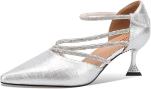 Women's Silver Rhinestone Strappy High Heel Sandals | Pointed Toe Evening Shoes with Crystal Ankle Strap & Metallic Finish | Glamorous Dress Party Heels 2.5 Inch