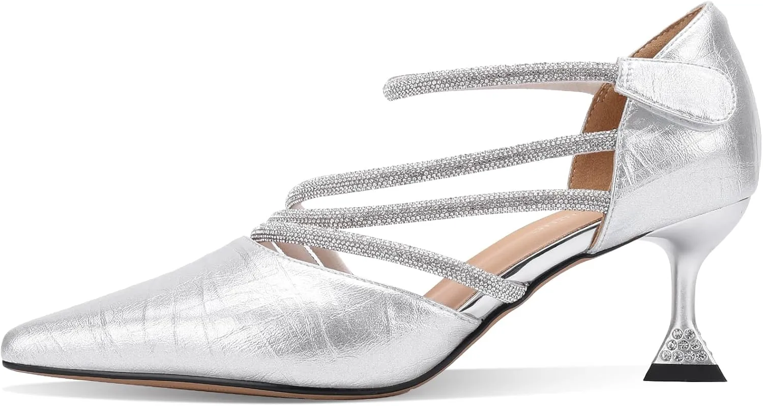 Women's Silver Rhinestone Strappy High Heel Sandals | Pointed Toe Evening Shoes with Crystal Ankle Strap & Metallic Finish | Glamorous Dress Party Heels 2.5 Inch