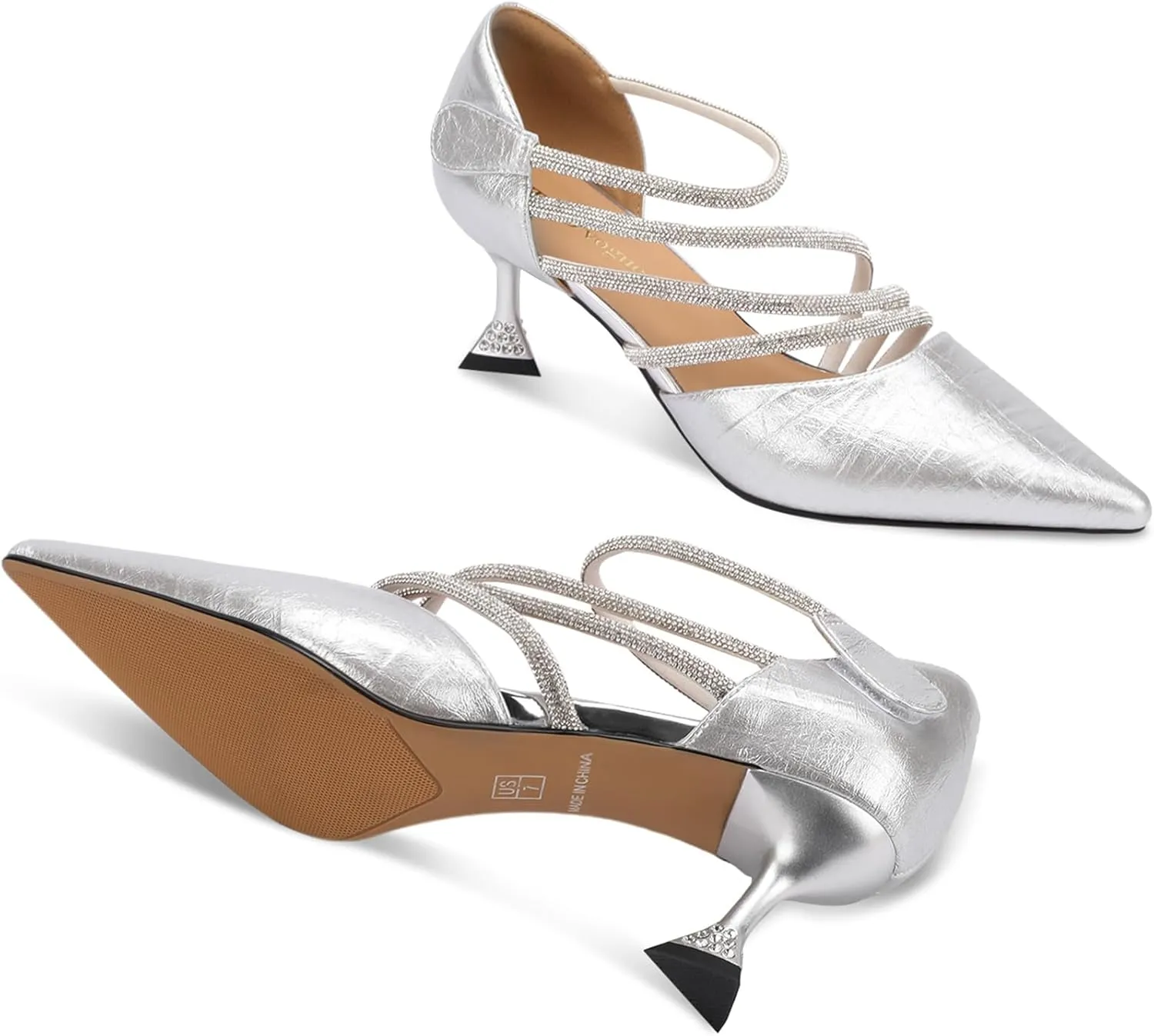 Women's Silver Rhinestone Strappy High Heel Sandals | Pointed Toe Evening Shoes with Crystal Ankle Strap & Metallic Finish | Glamorous Dress Party Heels 2.5 Inch