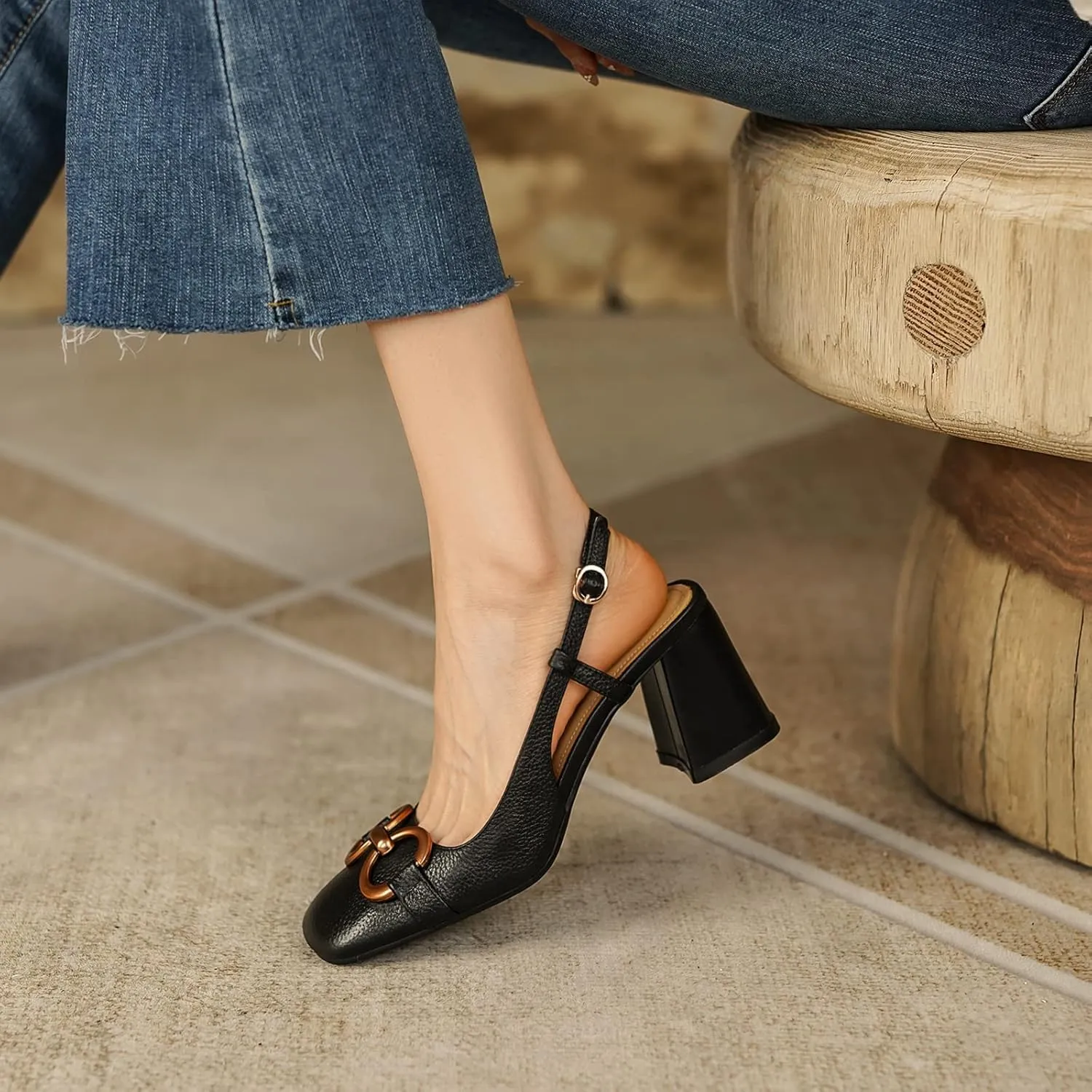 Women's Slingback Square Toe Chunky High Heels Sandals Ankle Buckle Dress Summer Pumps