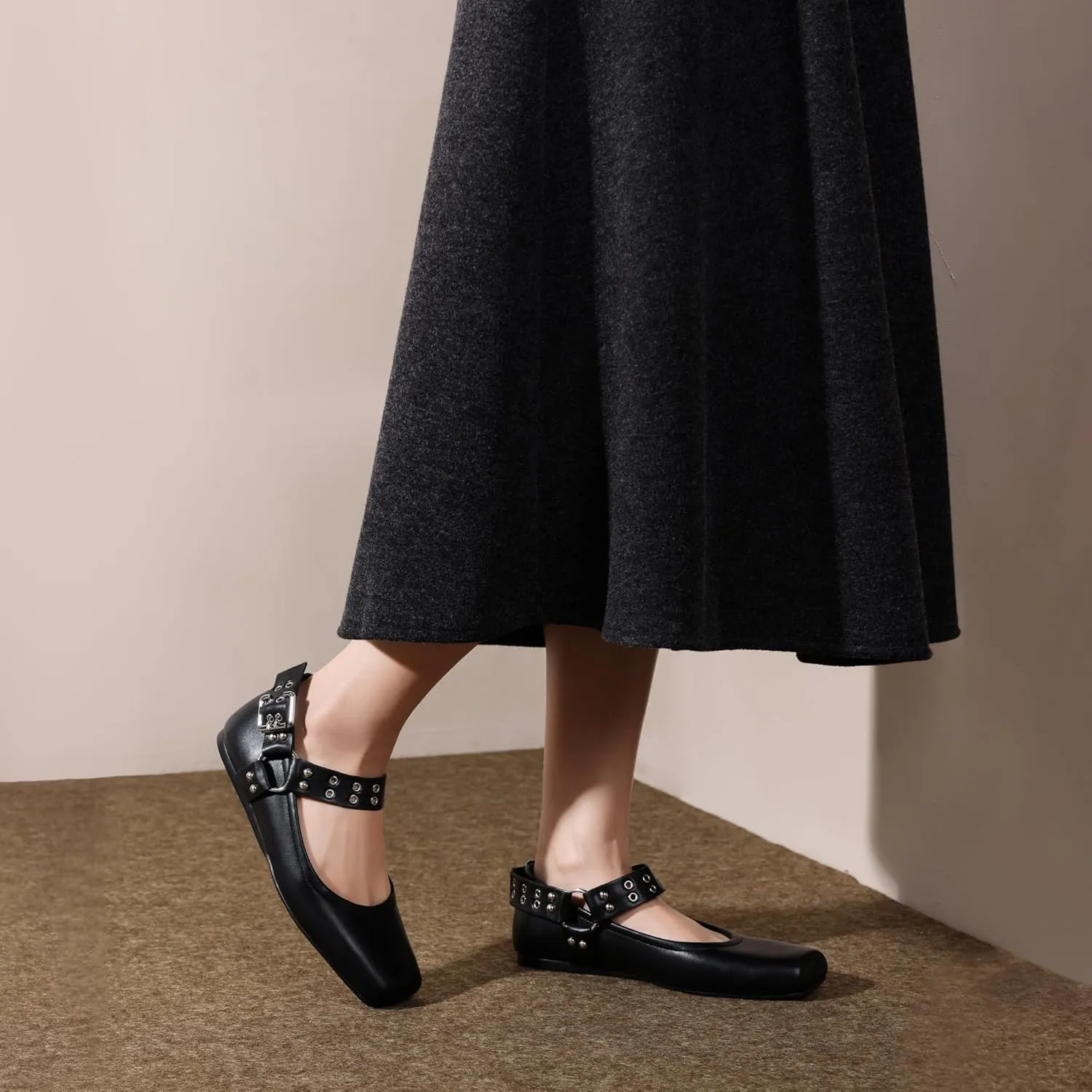 Women's Sliver Black Studded Ankle Strap Square Toe Mary Jane Flats Office, Party, Daily Wear