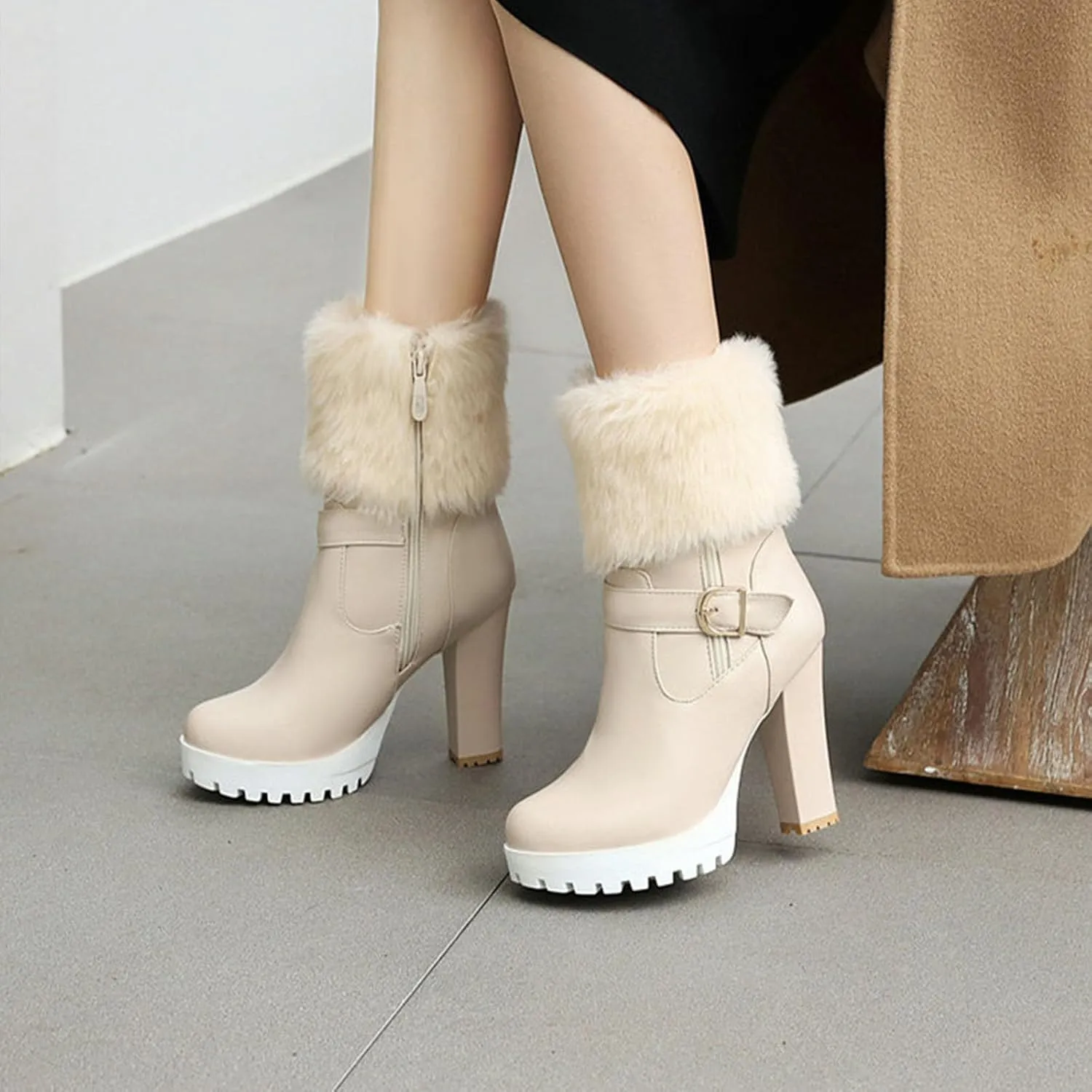 Women's Snow Boots, Fleece Mid-Calf Boots Round Toe Thick High Heel Side Zipper Buckle Waterproof Non-Slip Boots Pu Warm Raw Edge Comfortable Boots