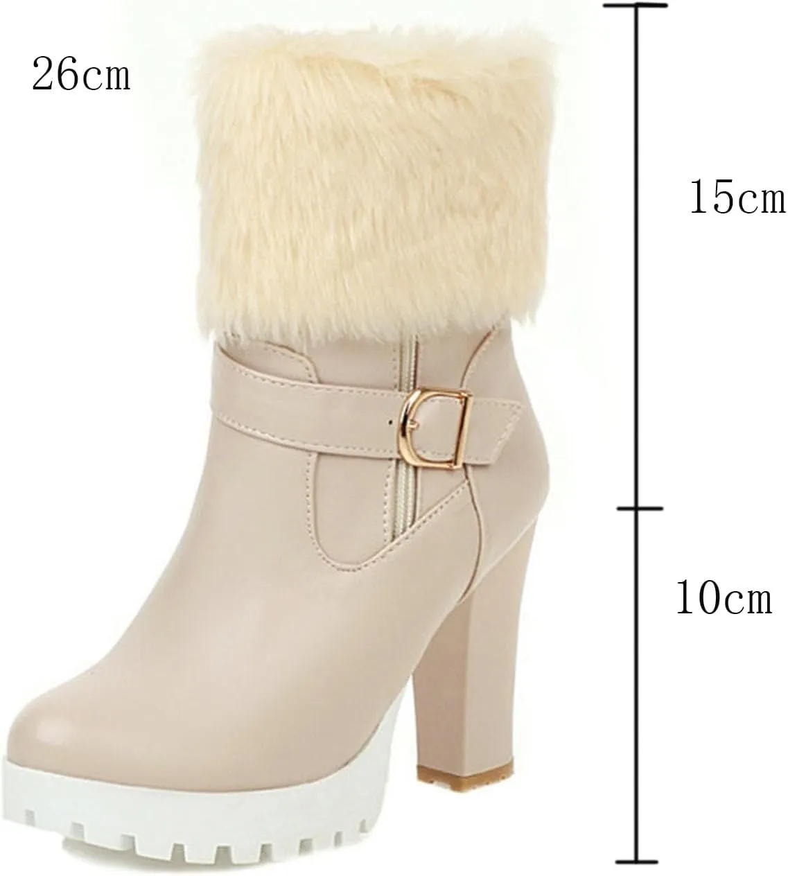 Women's Snow Boots, Fleece Mid-Calf Boots Round Toe Thick High Heel Side Zipper Buckle Waterproof Non-Slip Boots Pu Warm Raw Edge Comfortable Boots