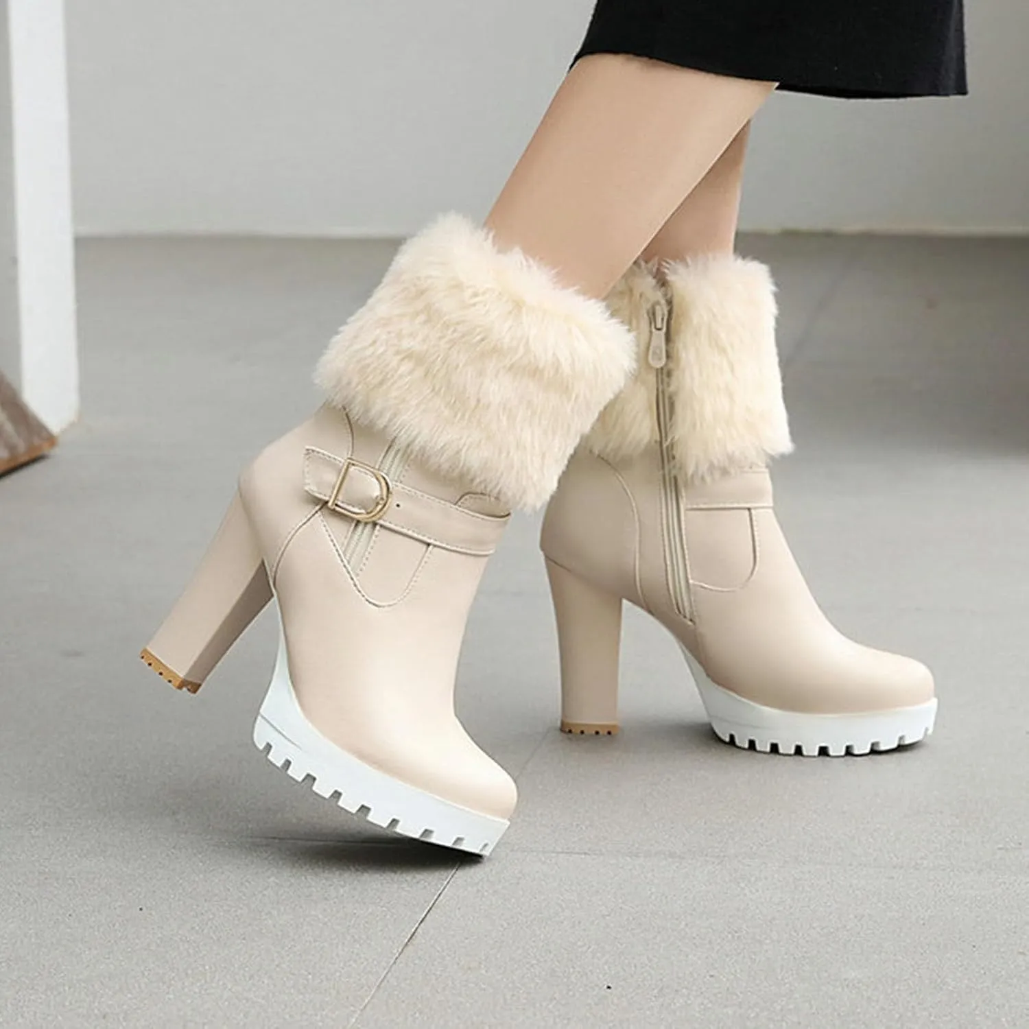 Women's Snow Boots, Fleece Mid-Calf Boots Round Toe Thick High Heel Side Zipper Buckle Waterproof Non-Slip Boots Pu Warm Raw Edge Comfortable Boots