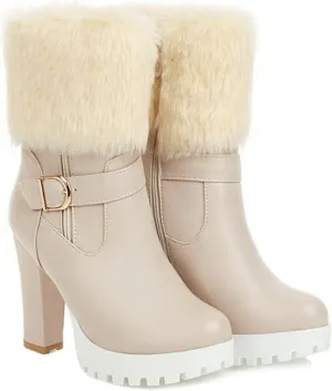 Women's Snow Boots, Fleece Mid-Calf Boots Round Toe Thick High Heel Side Zipper Buckle Waterproof Non-Slip Boots Pu Warm Raw Edge Comfortable Boots