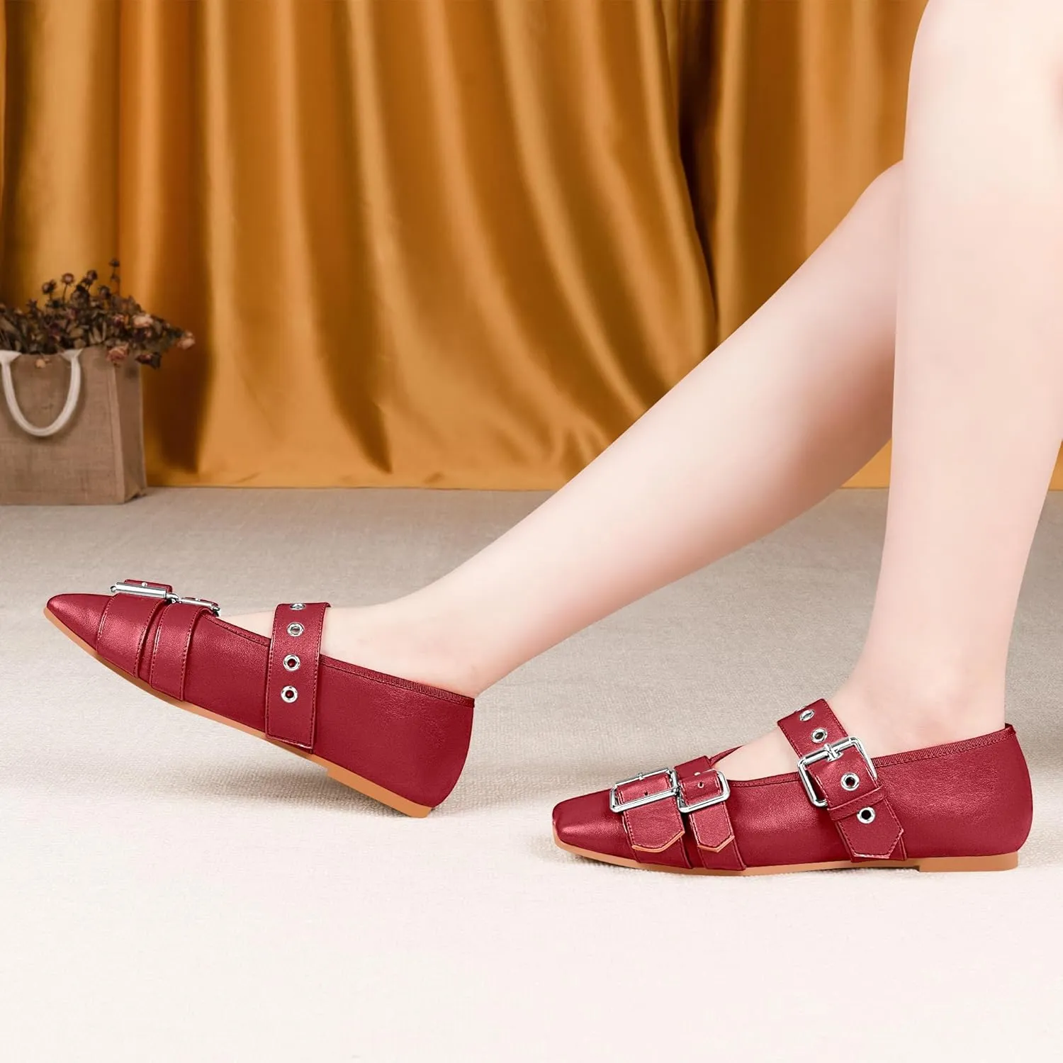 Women's Square Toe Ballet Flats with Buckle Straps Comfortable Mary Jane Shoes