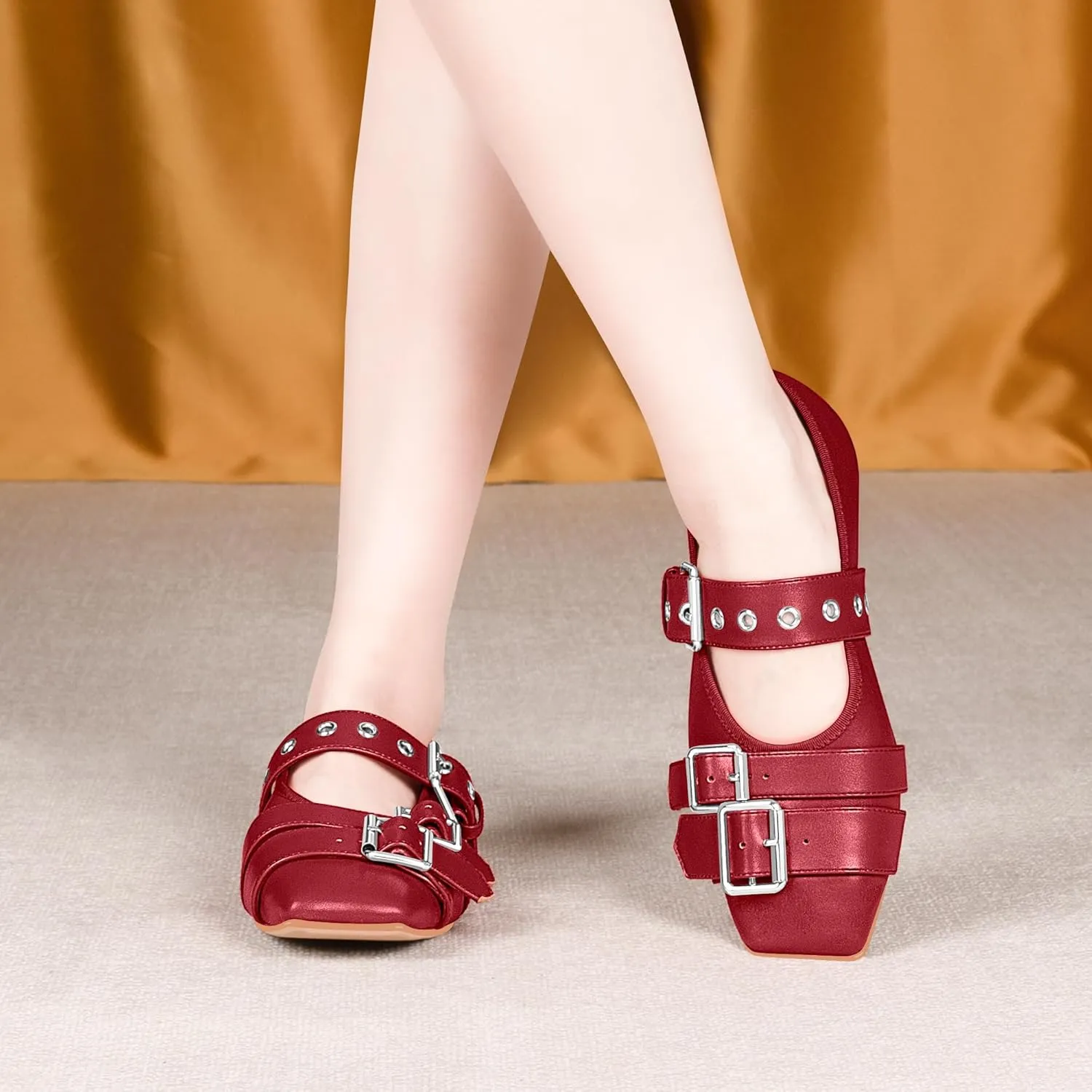 Women's Square Toe Ballet Flats with Buckle Straps Comfortable Mary Jane Shoes