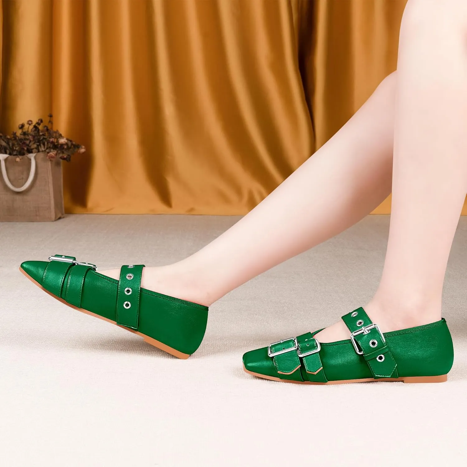 Women's Square Toe Ballet Flats with Buckle Straps Comfortable Mary Jane Shoes