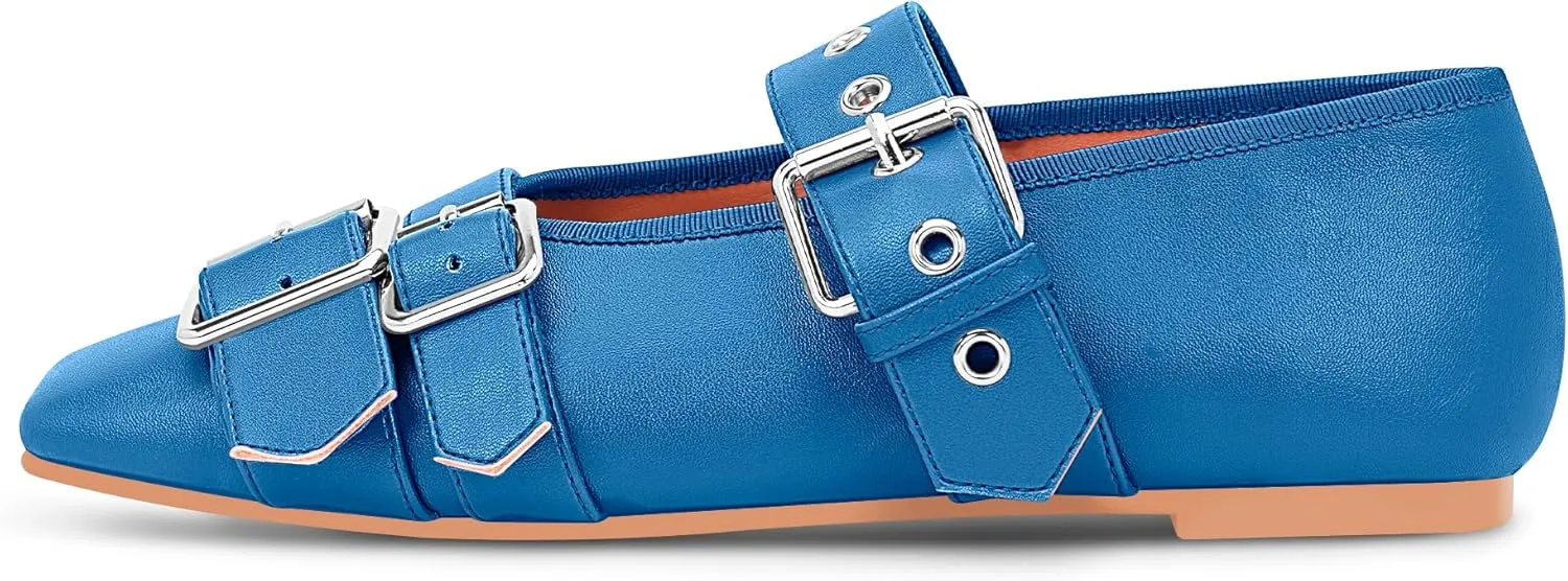 Women's Square Toe Ballet Flats with Buckle Straps Comfortable Mary Jane Shoes