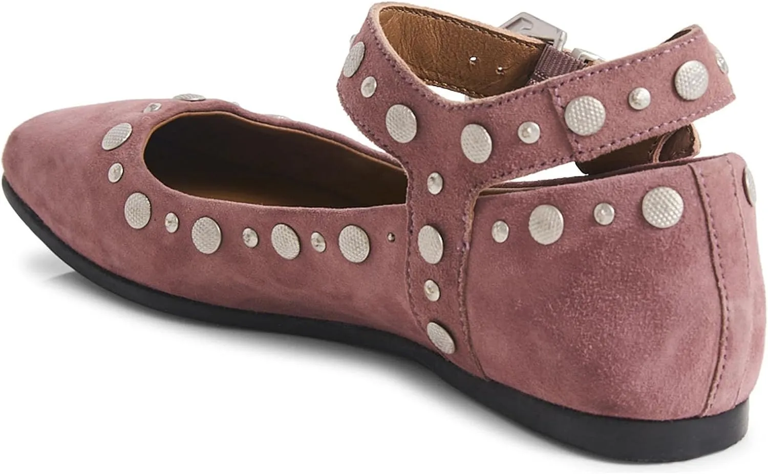 Women's Stud Mary Jane Flats Metallic Square Toe Ballet Flats Ankle Buckle Strap Comfy Ballerina Shoes