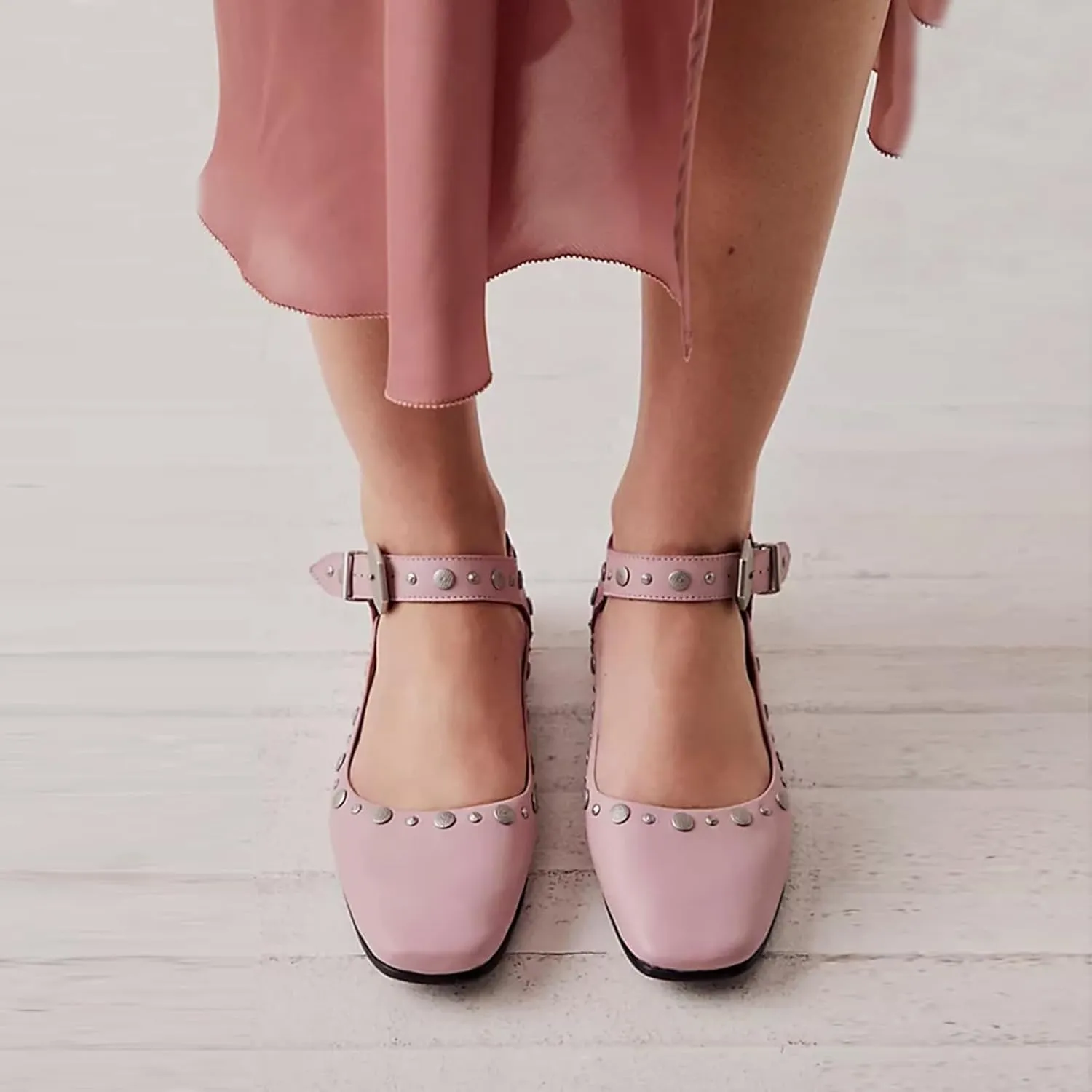 Women's Stud Mary Jane Flats Metallic Square Toe Ballet Flats Ankle Buckle Strap Comfy Ballerina Shoes