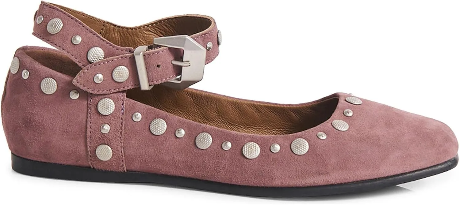 Women's Stud Mary Jane Flats Metallic Square Toe Ballet Flats Ankle Buckle Strap Comfy Ballerina Shoes