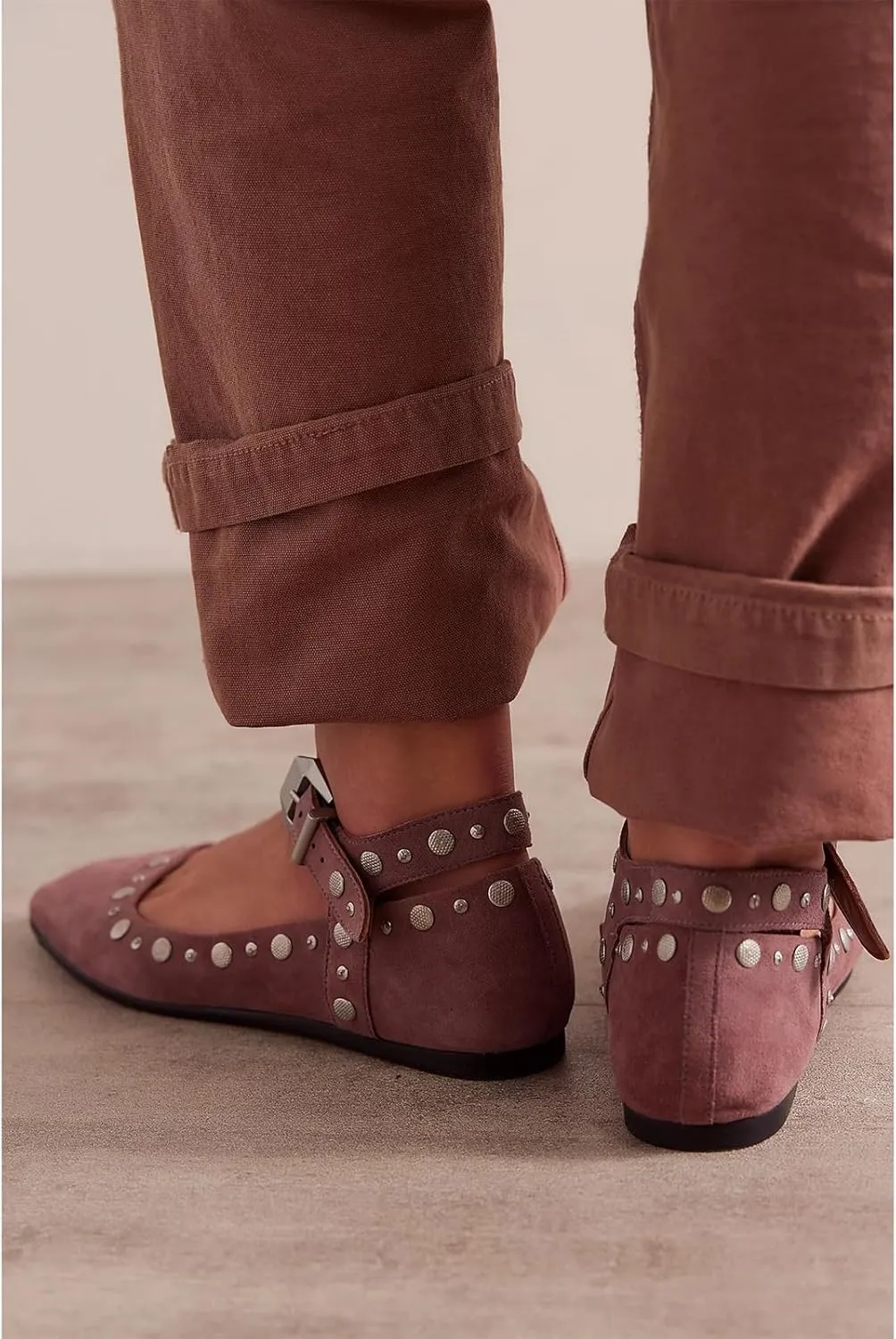 Women's Stud Mary Jane Flats Metallic Square Toe Ballet Flats Ankle Buckle Strap Comfy Ballerina Shoes