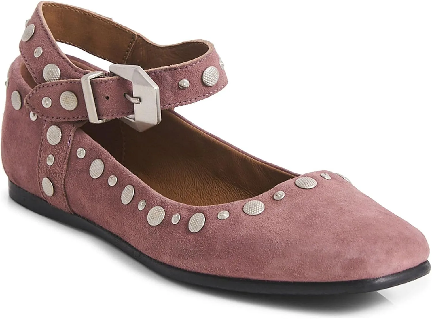 Women's Stud Mary Jane Flats Metallic Square Toe Ballet Flats Ankle Buckle Strap Comfy Ballerina Shoes
