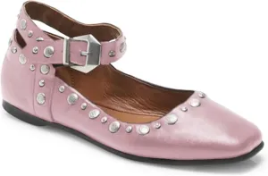 Women's Stud Mary Jane Flats Metallic Square Toe Ballet Flats Ankle Buckle Strap Comfy Ballerina Shoes