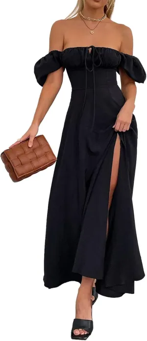 Women's Summer Puff Sleeve Floral Split Maxi Dress Flowy A Line Casual Beach Long Dresses 2025