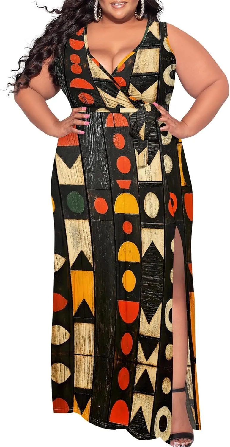 Women's Summer Sexy V-Neck Side Slit Dress Casual Fashion Sleeveless Flowing Cocktail Party Evening Dresses
