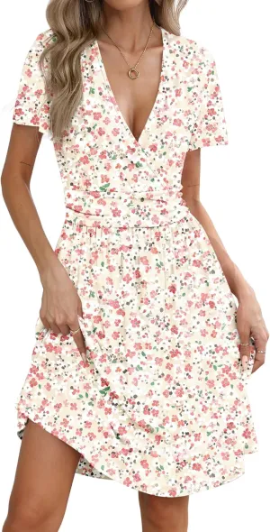 Women's Summer Short Sleeve Casual Wrap Dresses V-Neck with Pockets Elastic Waist Flowy Midi Beach Dress