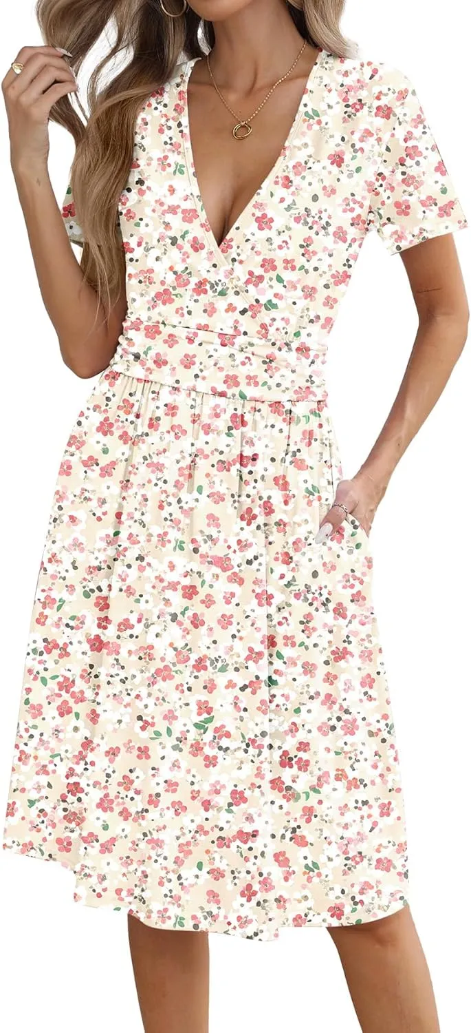 Women's Summer Short Sleeve Casual Wrap Dresses V-Neck with Pockets Elastic Waist Flowy Midi Beach Dress