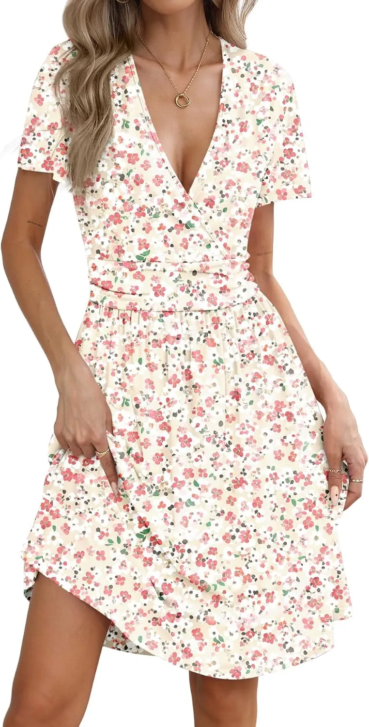 Women's Summer Short Sleeve Casual Wrap Dresses V-Neck with Pockets Elastic Waist Flowy Midi Beach Dress