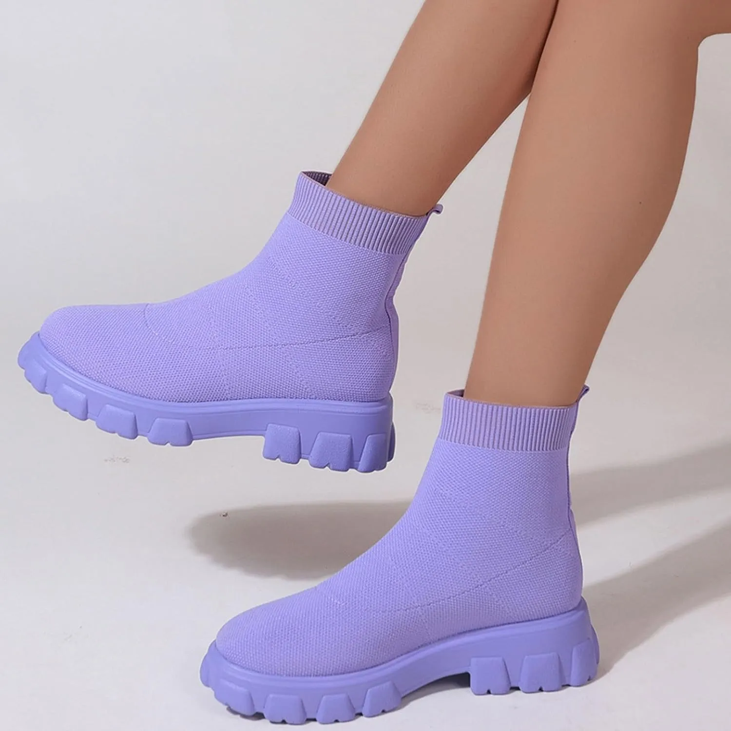 Women's Thick Bottom Boots Ankle Boots Thick Soles Round Toe Non Slip Solid Color Fly Woven Mesh Knit Flat