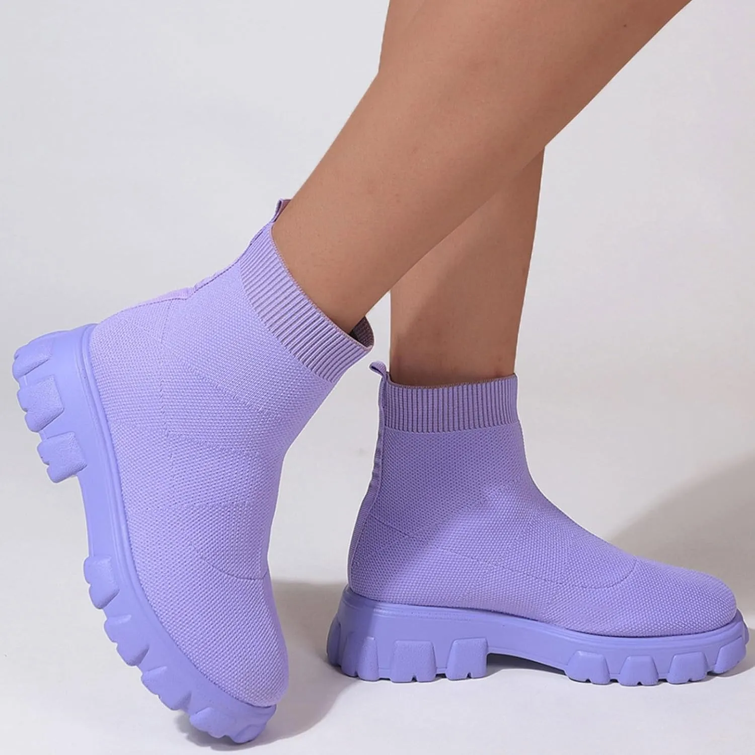 Women's Thick Bottom Boots Ankle Boots Thick Soles Round Toe Non Slip Solid Color Fly Woven Mesh Knit Flat