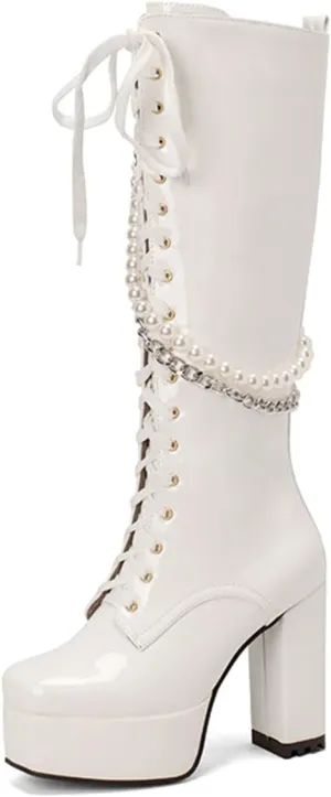 Women's Thick Heel Platform Gothic Boots Lace Up String Bead Punk Boots