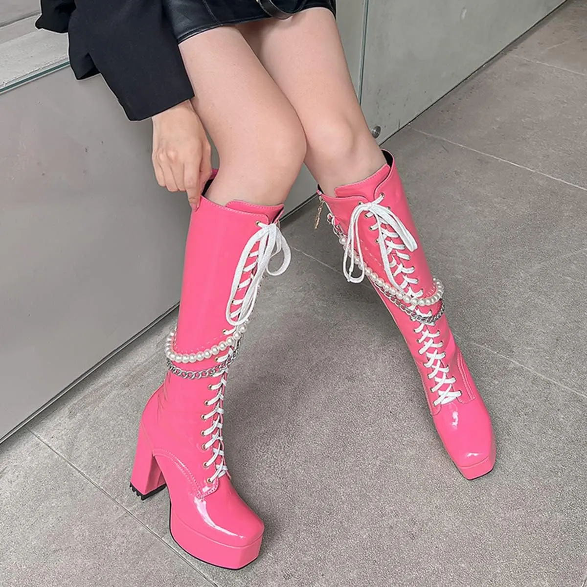 Women's Thick Heel Platform Gothic Boots Lace Up String Bead Punk Boots