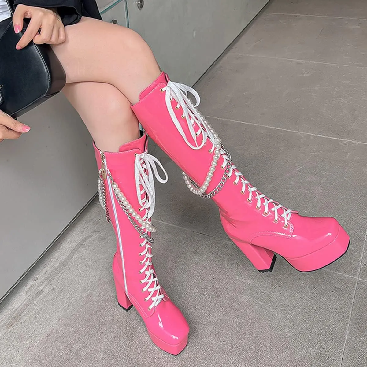 Women's Thick Heel Platform Gothic Boots Lace Up String Bead Punk Boots