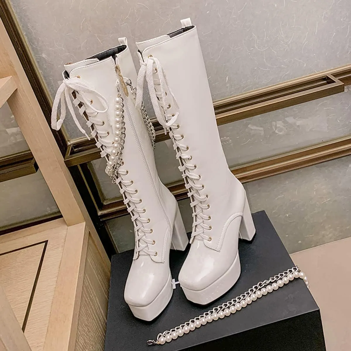 Women's Thick Heel Platform Gothic Boots Lace Up String Bead Punk Boots